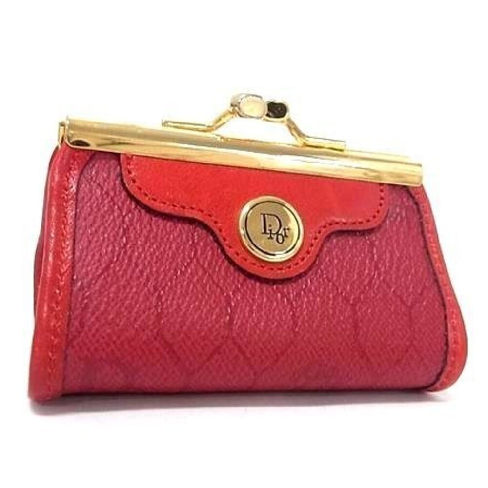 Christian Dior Coin Case, Honeycomb Pattern, Red x Gold Leather, Women's